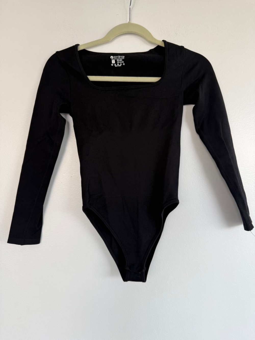 OQQ Ribbed Black Long-Sleeve Square Neck Bodysuit, Sz. S